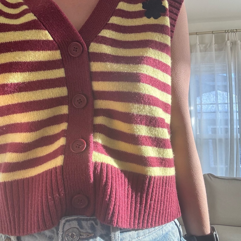 Marimekko Burgundy and Yellow Striped V-Neck Sweater